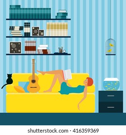 Interior. Girl reading. Flat style interior with girl, yellow couch, book, cat. leisure, rest, hobby and reading theme. 