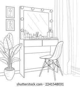 El interior de la habitación de la chica. Vestir la mesa con espejo. Ilustración vectorial, libro de coloreo.