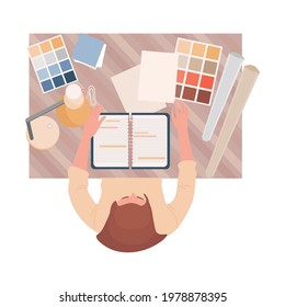 Interior or graphic designer at work vector flat top view illustration. Female character working with notepad, making color consultations. Designer, creative worker at workplace with color templates.