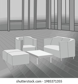 decoración en tonos grises, sillones y mesa en gris