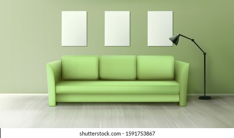 Interior with green sofa, lamp and blank white posters on wall in living room. Vector realistic couch for home, office or studio on wooden floor. Comfortable lounge for resting or waiting