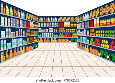 Interior Grocery Store Inside Shelves Products Stock Vector (Royalty ...