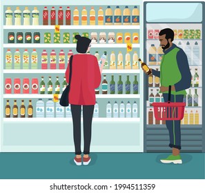 The interior of a grocery store, a shelf, a display case, a refrigerator with drinks in cans and bottles, customers choosing goods.   Vector illustration.