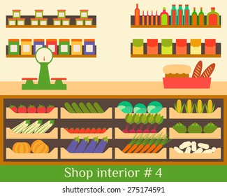 Interior grocery store vendor standing behind the counter. Vector illustration.