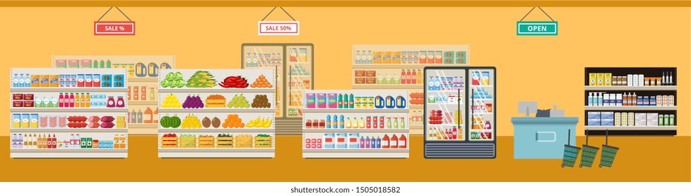 El interior de un supermercado y tienda de comestibles con estantes y productos, venta y cajero automático, comida y bebidas. Supermercado plano vectorial e ilustración de tienda.