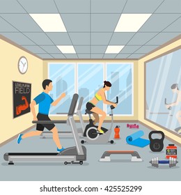 Interior Gym. Fitness Concept for Web Site, Advertising like Treadmill, Exercise Bike and Dumbbells Vector Icons.