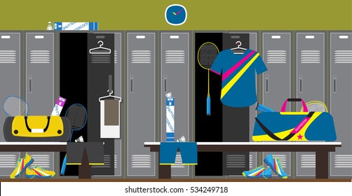 Interior of a gym locker room. Badminton Sport Fitness club dressing room. Vector illustration in flat style.