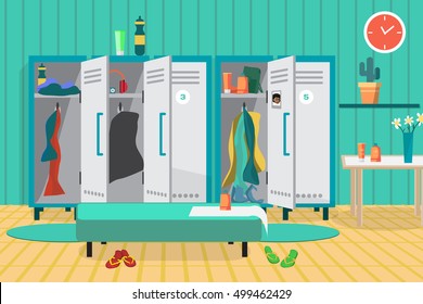 Interior of a gym locker room. Dressing place a fitness club. Vector flat cartoon illustration