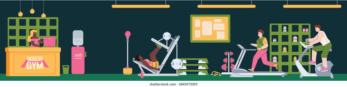 Interior of gym with reception desk, equipment, shelves with sports nutrition and training people. Active healthy lifestyle, fitness and workout indoor. Vector illustration.