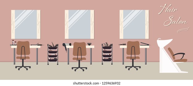 Interior of a hair salon in a pink color. Beauty salon. There are tables, chairs, a bath for washing the hair, mirrors, hair dryer in the image. There is also text "Hair Salon" on the wall. Vector