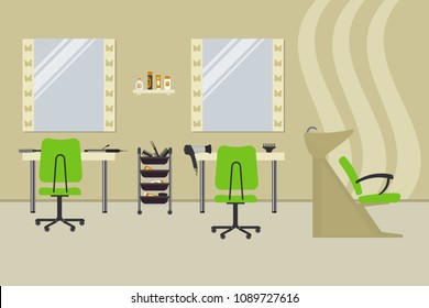 Interior of a hairdressing salon in a beige color. Beauty salon. There are tables, green chairs, a bath for washing the hair, mirrors, hair dryer, combs and other objects in the picture. Vector 