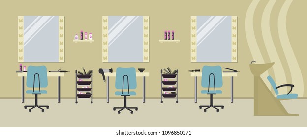 Interior of a hairdressing salon in a beige color. Beauty salon. There are tables, blue chairs, a bath for washing the hair, mirrors, hair dryer, combs and other objects in the picture. Vector