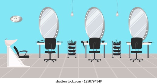 Interior of a hairdressing salon in a blue color. Beauty salon. There are tables, chairs, a bath for washing the hair, mirrors, hair dryer in the picture. There is also a clock here. Vector 