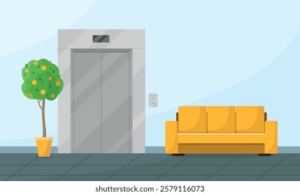 Interior of a hall with an elevator, a sofa and an orange tree. Hall of an office, a medical center.