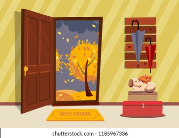 The interior hallway with the door open, a coat rack with umbrellas and sleeping dog and a cat on the suitcases. Outside very night and yellow trees. Flat cartoon style vector illustration.