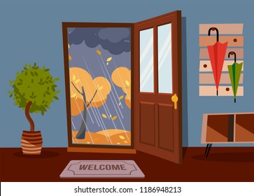 The interior hallway with the door open, a coat rack with umbrellas and house tree. Outside autumn rainy evening and yellow trees. Wall with little table for keys. Flat cartoon vector illustration.