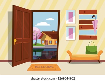 The interior hallway with the door open, a coat rack with umbrellas and sleeping dog and a cat on the suitcases. Outside very night and yellow trees. Flat cartoon style vector illustration.