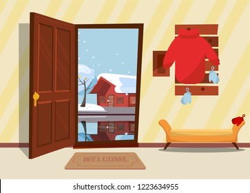 The Interior Of Hallway In Flat Cartoon Style With Open Door Overlooking Winter Landscape With Small Snowy House And Tree.Hanger With Down Jacket And Mittens On Wall. Soft Bench Stands Under Coat Rack