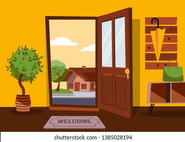 The interior of hallway in flat cartoon style with open door overlooking summer landscape with small country house and green tree.Hanger with umbrella on wall. Table with bag stands under coat rack.