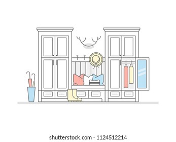
Interior of the hallway of the house in a modern style. Cabinets for outer clothing, bench with storage of shoes. Basket for umbrellas, hooks for hats. Decor in the hunting style.