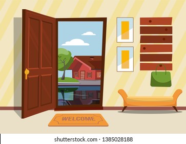 The interior hallway with the open door , a coat rack with lady bag. Green trees and country house reflecting in the lake outside. Sunny summer weather. Flat cartoon style vector illustration