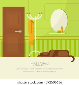 Interior hallway room design with door and floor hanger. Flat style vector illustration of interior hallway room. Lying dog in interior room. Interior hallway room in green and brown colors.