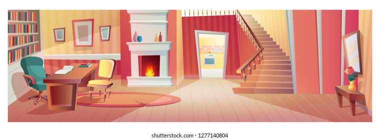 Interior of hallway of room with furniture, accessories. Interior of apartment with wardrobe, mirror, bedside table with flower, front view stairs, fireplace, workplace. Illustration in cartoon style.