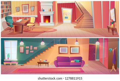 Interior hallway of room with furniture, accessories, apartment stairs. Interior of living room with wardrobe, mirror, bedside table with flower, staircase to top, burning fireplace. Cartoon vector.