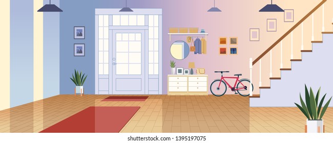 Interior of hallway with wood stairway. Colorful vector illustration in flat cartoon style.