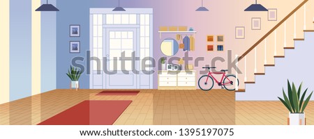 Interior of hallway with wood stairway. Colorful vector illustration in flat cartoon style.