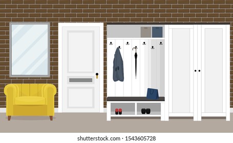 Interior of hallway with wooden wardrobe, armchair, mirror and door. Interior design template in Scandinavian or loft style with brick wall. Vector illustration in flat style