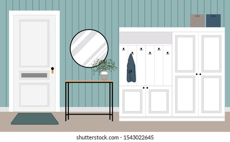 Interior of hallway with wooden wardrobe, table in the style of a loft, mirror and door. Interior design template in Scandinavian style. Vector illustration in flat style