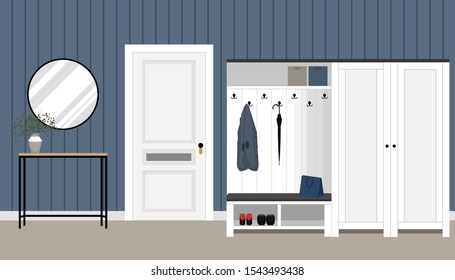 Interior of hallway with wooden wardrobe, table in the style of a loft, mirror and door. Interior design template in Scandinavian style. Vector illustration in flat style