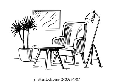 Vector de dibujo de mano interior. Silla suave de sillón