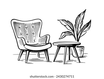 Interior hand drawing vector. Armchair soft chair