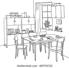 Interior hand-drawn sketch. Kitchen with a table, tableware, four chairs, window, cupboard.
