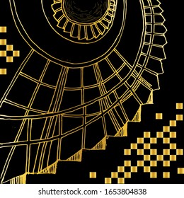 The interior has a spiral staircase looking up. Spiral standing staircase and side windows. Retro style.Art Deco architecture. Black background with golden lines and ornament cubes.Hand drawing.Vector