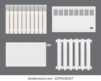 Interior heaters. Different indoor heaters systems decent vector realistic domestic electric tools