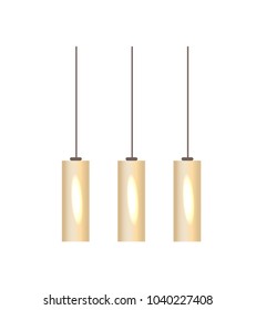 Interior home decor, chandelier set hanging from ceiling, long lamps of yellowish color, poster with item, vector illustration, isolated on white