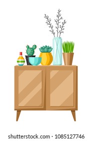 Interior home decor. Cupboard with vases and plants. Illustration in flat style.