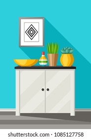 Interior home decor. Cupboard with vases and picture. Illustration in flat style.