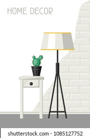 Interior home decor. Lamp and table with cactus. Illustration in flat style.