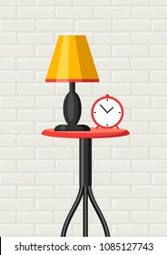 Interior home decor. Table, lamp and clock. Illustration in flat style.