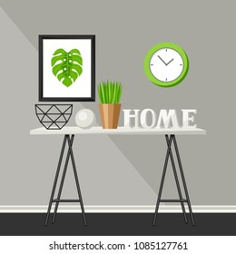 Interior home decor. Table with vases and picture. Illustration in flat style.