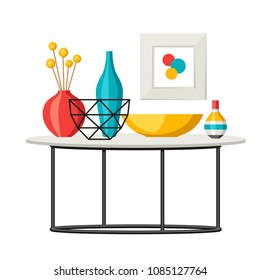 Interior home decor. Table with vases and picture. Illustration in flat style.
