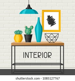 Interior home decor. Table with vases and picture. Illustration in flat style.