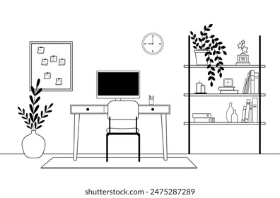 Interior home design of modern workplace with computer, table, furniture, bookshelf. Home office. Vector linear illustration