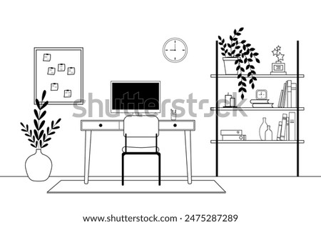 Interior home design of modern workplace with computer, table, furniture, bookshelf. Home office. Vector linear illustration