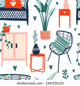 Interior home design seamless pattern: sofa, armchair, coffee table, potted plants. Texture with hand drawn furniture and flowers. Urban jungle modern decor, trendy elements. Flat vector background