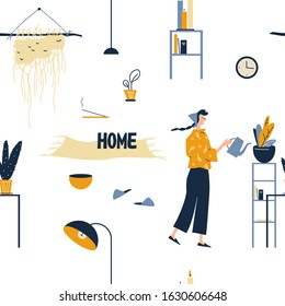 Interior home design seamless pattern. Cozy time, Welcome home. Cute trendy design for fabric or wallpaper. Flat cartoon vector illustration on white background.